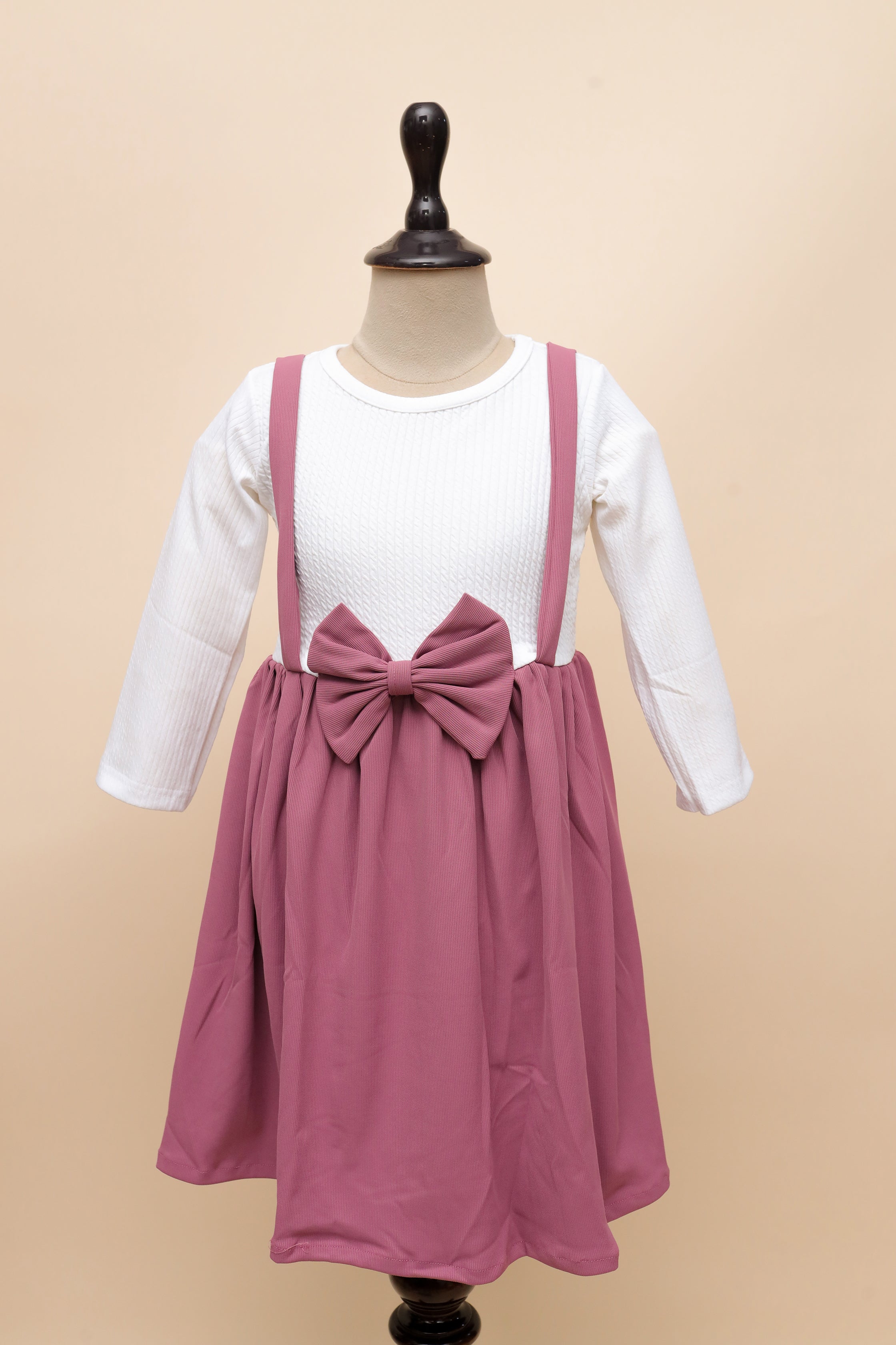 Dusty Rose Bow Dungaree Dress Set