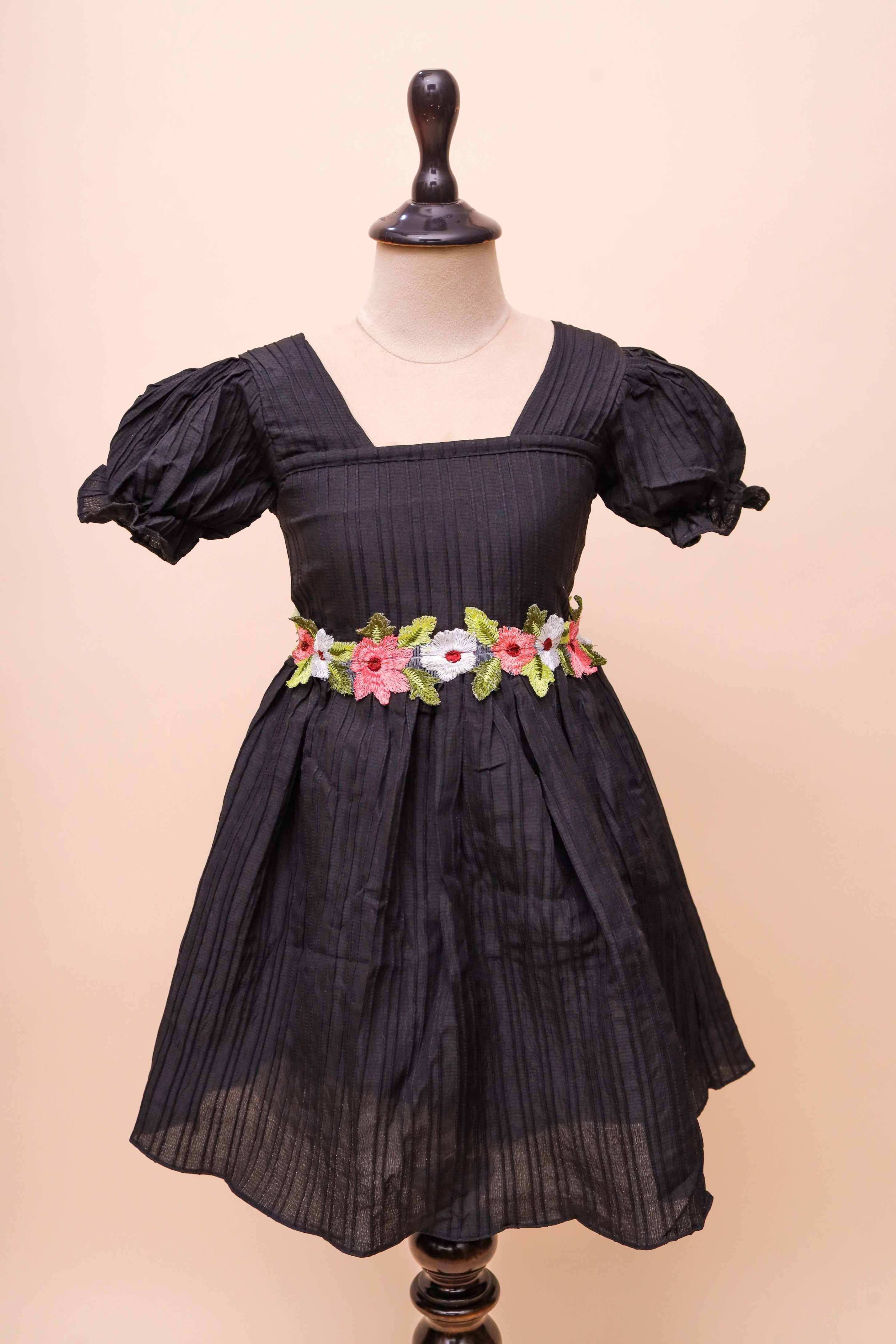 Black Floral Waist Frock Dress