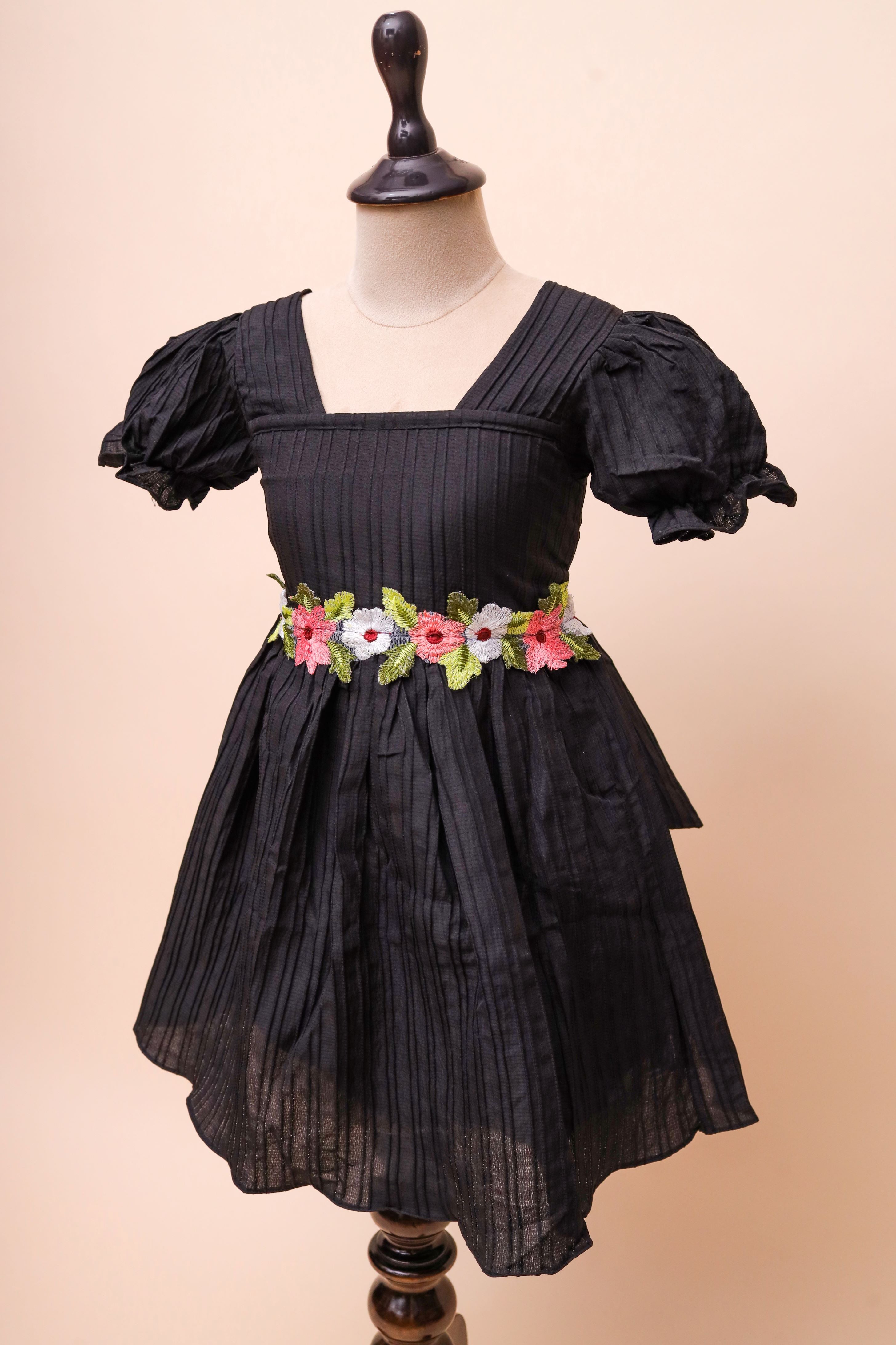 Black Floral Waist Frock Dress