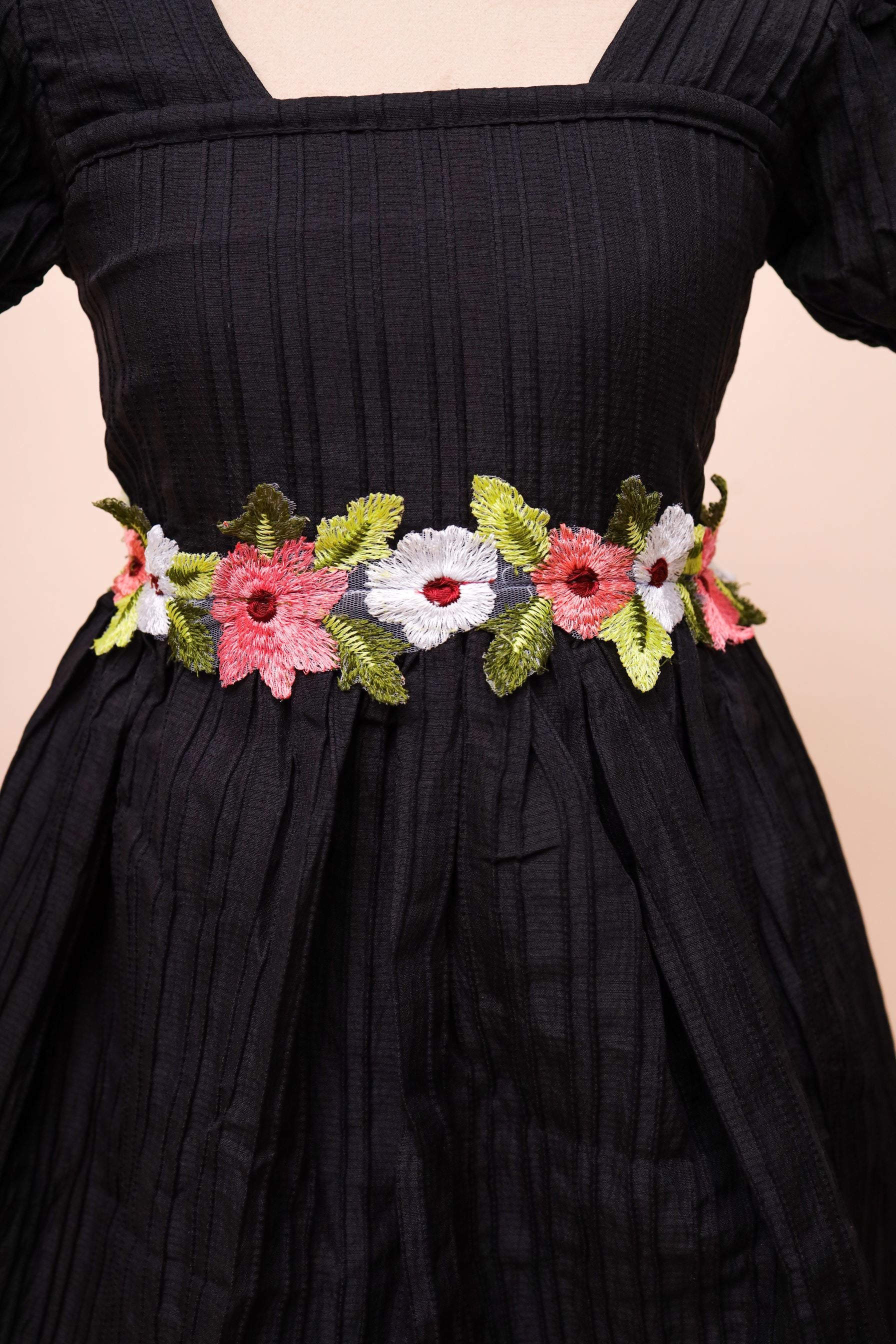 Black Floral Waist Frock Dress